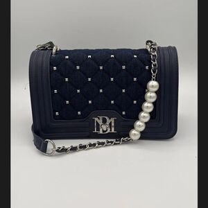 Badgley Mischksa Navy Quilted And Studded Crossbody Bag with Pearl Chain